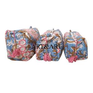 Beaux ensembles de trousses de maquillage pour femmes en coton écologique imprimé à la main avec des motifs floraux, ensembles de 3 avec fermetures éclair - Product Image 2