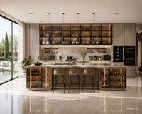 Kabinet Dapur Modular Siap Rakit, Set Lemari Tanpa Gagang Warna Abu-Abu Muda Modern Mewah dengan Fitur Kuarsa Buatan