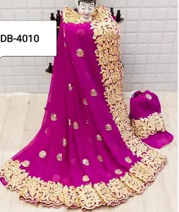 Nieuwste Ontwerper Georgette Zijde Zari Werksequentie Saree Luxe Bruiloftsfeest Kleding Modeontwerper Pure Banarasi Zijde Sari