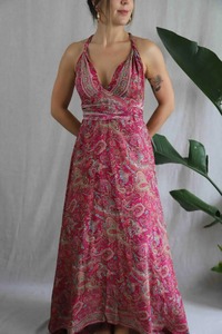 Maxi vestido rosa floral para mujer elegante y sexy verano moda plisado algodón Material sin mangas - Product Image 3