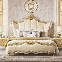 Lit en bois massif sculpté de style européen, luxueux, avec revêtement en cuir véritable, lit moelleux pour chambre de villa, lit king size, lits en bois.