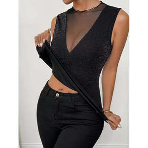Blusa de tul sin mangas con cuello redondo y escote profundo en V con brillo para mujer, 36068 - Negro - Product Image 4