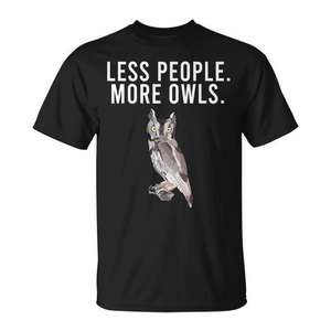 Camiseta Less People More Owls con diseño de búho silbador occidental, color negro, ajuste unisex - Product Image 1