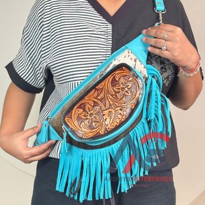 High Quality Multipurpose Genuine Hand Tooled Cowhide Leather Fringe Fanny pack Chest <b>Bag</b> Hip <b>Bags</b> Waist Pocket Belt for Unisex - Product Image 1