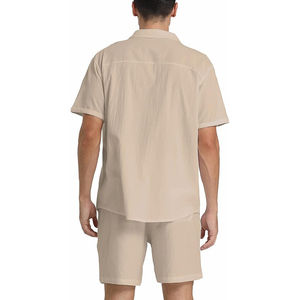 Ensemble de chemises en lin pour hommes avec logo imprimé personnalisé en usine, teinture unie, vente en gros, chemise à manches courtes et short, ensemble d'été pour hommes - Product Image 3