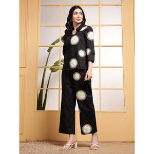 Deebaco Women's Black Embroidered 2-Piece Co-Ord Set With Dot Pattern Cotton Shirt And <b>Trouser</b> Loose Fit Casual Summer Wear - Product Image 4