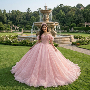 Robe de bal longue rose pailletée avec appliques de perles et cristaux, imprimé naturel, pour Quinceañera, idéale pour les jeunes filles de 16 ans (référence 1279) - Product Image 1