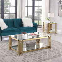 Table basse rectangulaire de luxe moderne haut de gamme en acier inoxydable avec pieds dorés et plateau en verre trempé, taille standard pour salon