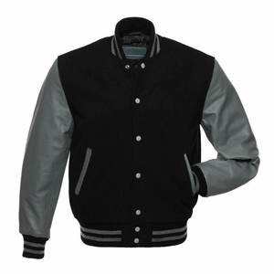 Veste varsity noire pour homme avec manches en cuir PU gris, col rabattu, vêtement décontracté pour l'automne - Product Image 2