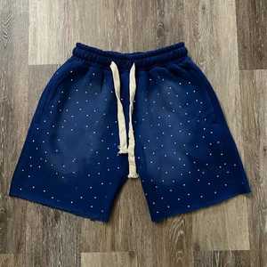 Pantalones cortos deportivos de diseñador con lavado ácido Vintage, pantalones cortos holgados de verano para hombre, ropa de calle para correr personalizada, pantalones cortos de algodón con diamantes de imitación para hombre - Product Image 4
