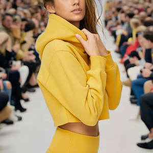 Venta al por mayor liso Crop Top sudaderas con capucha logotipo personalizado mujer amarillo recortado sudaderas con capucha mujeres algodón Crop Top Sudadera con capucha - Product Image 4