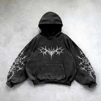 Hoodie Baggy Mewah Ukuran Besar untuk Pria 2025, Desain Bordir Hitam, Efek Acid Wash, Distressed, Bahan Fleece Katun 100% Tebal