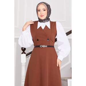 Hijab avec ceinture et boutons pour femmes, marron - Product Image 1