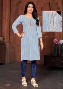 Ready Made Slub Cotton <b>Booti</b> Neck Sequence Work Kurtis for Online Sale - Product Image 2