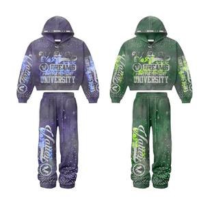 ชุดเซ็ตเสื้อฮู้ดดี้และกางเกงวอร์มทรงบэгกี้ขาบาน สไตล์สตรีทแวร์  งานปักลายแบบดิสเทรส ล้างสีแบบแอซิดวอช  ผลิตโดยโรงงานผลิตเสื้อผ้า รับผลิตตามแบบที่ลูกค้าต้องการ - Product Image 1