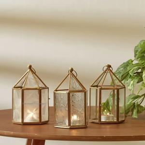 Designer Gold Finished Glass Metal <b>Tealight</b> Holder Candle <b>Lantern</b> for Home Ramadan Tabletop Decoration - Product Image 3