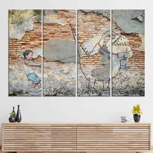 Lienzo impreso con grafiti de niño y dinosaurio: obra de arte gráfica moderna, JUEGO DE 4 LIENZOS - Product Image 1