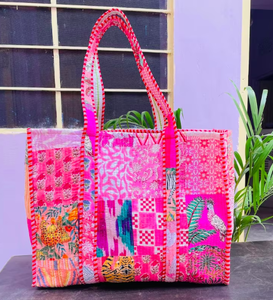 Hand Block Printed Cotton Carry <b>Handbags</b> Indian Hand Block Printed Cotton Quilted Bag Beach Tote - Product Image 1