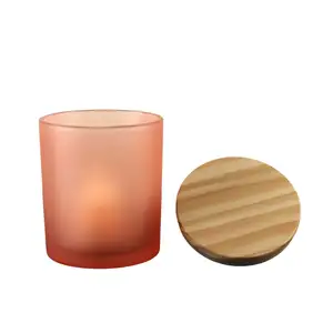 Bougeoir votif en verre coloré, 8 oz, avec couvercle en bois, corail mat