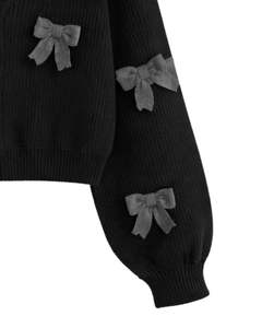 Manufacture Customized <b>Women</b> Black <b>Cropped</b> Knit <b>Cardigan</b> Sweater With Grey Bow Applique V Neck Button Front Cute Winter Fashion - Product Image 6