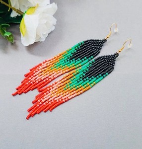 Beaded <b>Earrings</b>, Green <b>Red</b> Long <b>Earrings</b>, Fringe <b>Earrings</b>, Boho <b>Earrings</b>, Seed Bead <b>Earrings</b> - Product Image 1