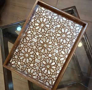 Bandeja con incrustaciones artesanales, bandeja para servir hecha a mano, incrustaciones de hueso de lujo, desayuno de Ramadán, comida, fruta, café, té, bandeja decorativa - Product Image 2