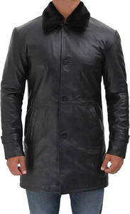 Manteau long en cuir véritable pour homme avec col en fourrure, simple boutonnage, épais, pour l'hiver - Product Image 6