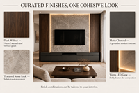Meuble TV mural intégré moderne KEJIA avec éclairage LED, texture bois et pierre, et tiroirs