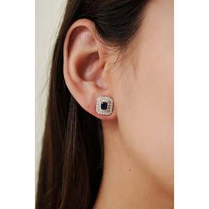 ต่างหูห่วงทองคำ 14K วินเทจประดับเทอร์ควอยซ์ทรงเหลี่ยมมรกตและเพชร - Product Image 2