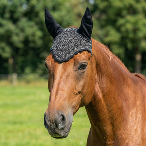 Cache-oreilles en crochet noir et gris pour chevaux, faits à la main, pour l'équitation, l'entraînement, les concours, classiques, doux et rembourrés - Product Image 2