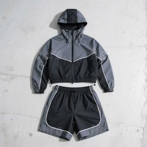 High Quality Custom Men's Color Block Patchwork Windbreaker Polyester Nylon Tracksuit Mens Track <b>Zip</b> up Jacket and <b>Shorts</b> Set - Product Image 1