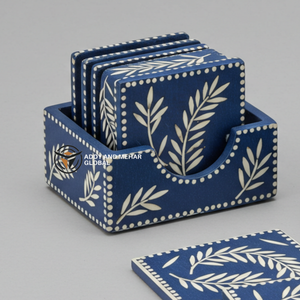 Indian Supplier Offers Handmade Blue & <b>White</b> Bone Inlay 3mm Thick Eco-Friendly <b>Coaster</b> Set with Holder and Floral Pattern - Product Image 6