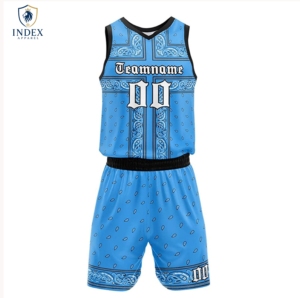 INDEX APPAREL Custom Sublimated Basketball Jersey Shorts Set V-Neck Sleeveless Blue Paisley Print Adult <b>Athletic</b> Fit - Product Image 1