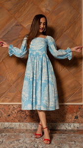 VESTIDO DE ALGODÓN PURO BLANCO PEONY Estampado de hojas hecho a mano Ajuste acampanado Estilo casual Cuello cuadrado Longitud MIDI-para Primavera Verano otoño - Product Image 4