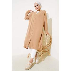 Cárdigan largo informal Aerobin para otoño Patrón sólido e impreso Material acrílico de talla grande con botones en la parte delantera Color galleta - Product Image 1