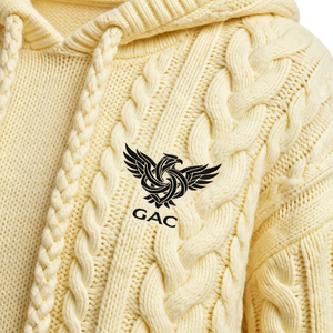 Pull à capuche en maille torsadée pour femme, motif tressé épais, manches longues, poignets et ourlet côtelés, tricot sur mesure, vente en gros - Product Image 6
