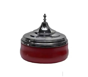 Olla caliente de metal recubierta de negro de último diseño con calentador de alimentos de forma redonda de madera roja para comedor contemporáneo - Product Image 1