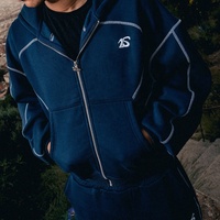 Setelan Hoodie dan Jogger Tracksuit Oversize Model Boxy Jahitan Flatlock Kontras Berat, Custom OEM, untuk Pria