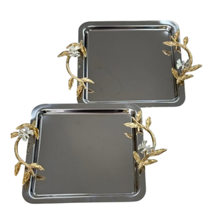 Bandeja de servicio de oro de la mejor calidad con elegante mango de flores Bandeja de metal decorativa perfecta para decoración del hogar y eventos Buen precio - Product Image 4