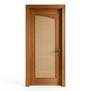 Puerta Interior con Arco de Ratán Natural y Madera de Caoba Sólida, Moldura Arqueada, Acabado Tropical para Decoración de Dormitorio - Product Image 1