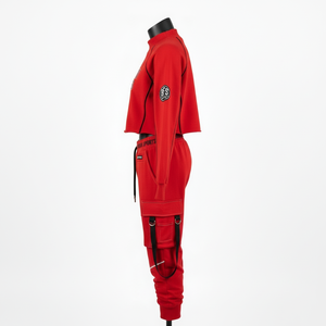 Ensemble haut court et pantalon cargo en molleton de coton et polyester 320 GSM premium, design à panneaux rouges, logo personnalisé imprimé, pour femme - Product Image 6