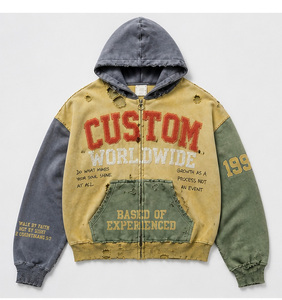 Fabricante de Ropa Urbana, Sudaderas con Capucha de Algodón Grueso, Lavado Desgastado, con Bloques de Color, Sudaderas con Capucha Extra Grandes con Cierre y Estampado Personalizado para Hombre - Product Image 1