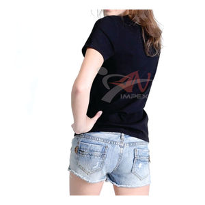T-shirt en velours côtelé denim avec logo d'impression personnalisé de haute qualité pour femmes avec trou et bouton T-shirt d'été flexible en matériau personnalisé - Product Image 6