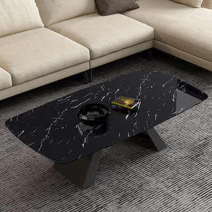 Table basse rectangulaire avec plateau en pierre 110x55x45cm, design moderne style ferme, pieds en fer, table d'appoint durable pour salon - Product Image 4