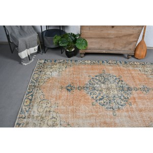 Alfombra Turca Vintage, Diseño Clásico de Parches Naranja y Azul, 4.8 x 7.9 pies, Tejido Plano de Lana y Yute, Ecológica, Estilo Boho, para Comedor - Product Image 2