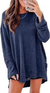 Camisas de manga larga para mujer, sudadera de gran tamaño, cuello redondo, Waffle Knit, Tops de primavera para mujer 2025 - Product Image 2