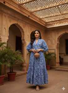 Robe longue midi en coton à imprimé floral numérique bleu, col en V, à volants, style bohème, ethnique indien, taille naturelle, lavable pour femme - Product Image 5