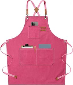 <b>Chef</b> <b>Aprons</b> for Men Women With Large Pockets Cotton Canvas Cross Back Heavy Duty Adjustable Work <b>Apron</b> Pink Color - Product Image 1