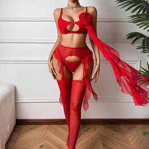 Set di Lingerie in maglia trasparente rosa rossa con lunghi nastri di Tulle che modellano il Design e le calze di DeepLove Factory - Product Image 1