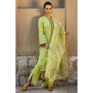 Conjunto de traje de mujer de 3 piezas, bordado a mano, de seda cruda lacada en oro, sin coser, con dupatta de organza estampada con lámina dorada FE-42080 - Product Image 2